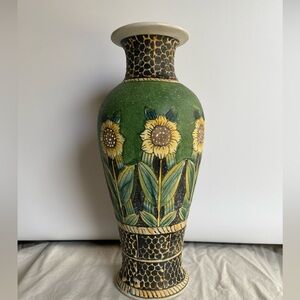 Vtg Sunflower Hand Painted Textured  10.5” Sunflowers Green Leaves